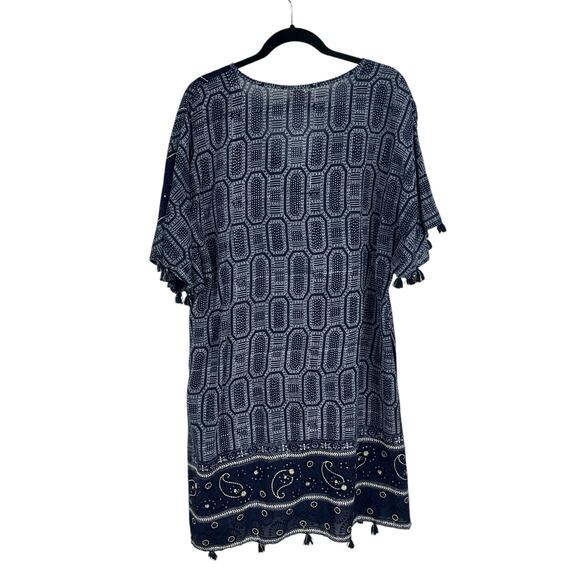 LulaSoul Navy White Printed Short Sleeve Tassel Knee Length Dress Womens Large - Picture 7 of 7